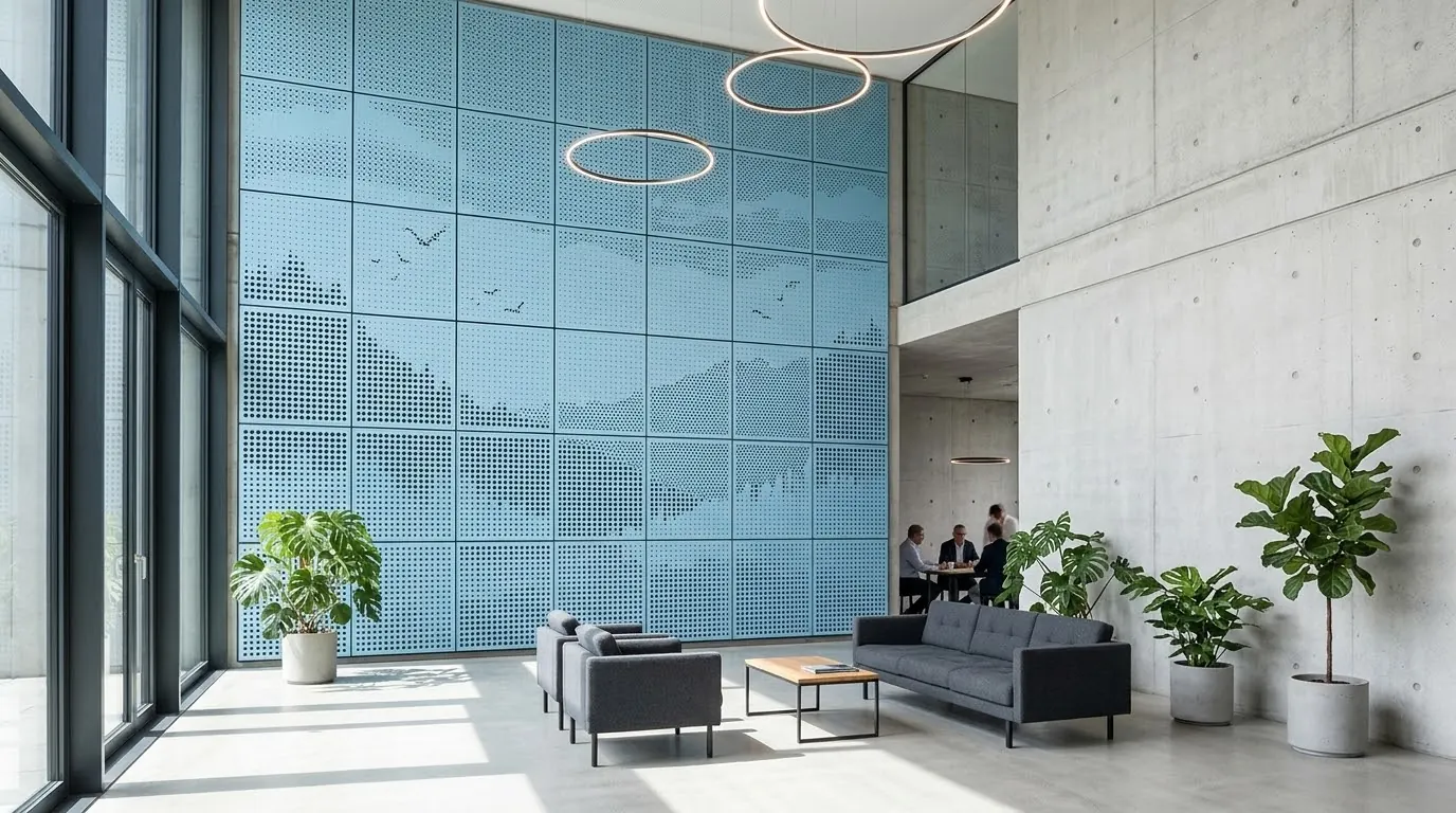 Atrium mit blauer Akustikwand und Landschaftsmotiv