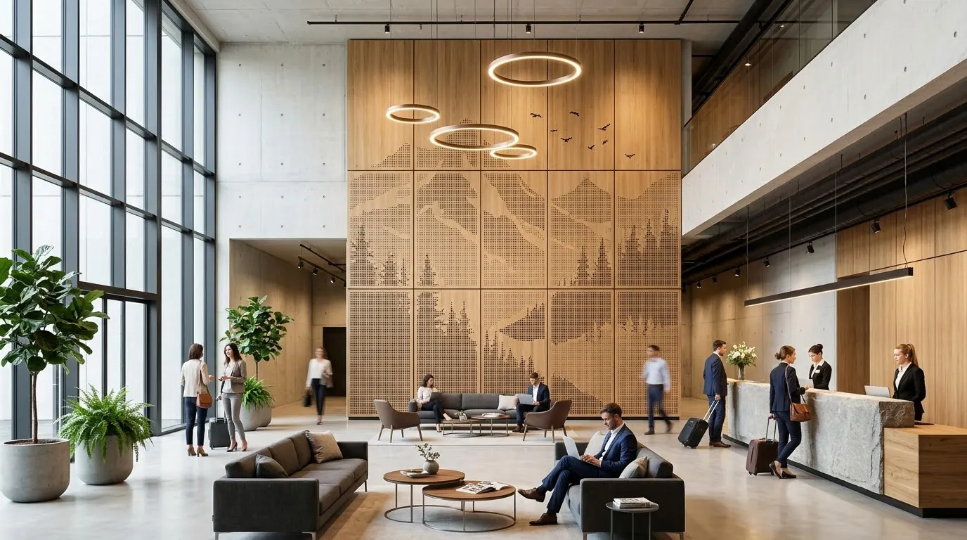 Hotellobby mit hoher Akustikwand aus Holz mit Berglandschaft als Lochbild