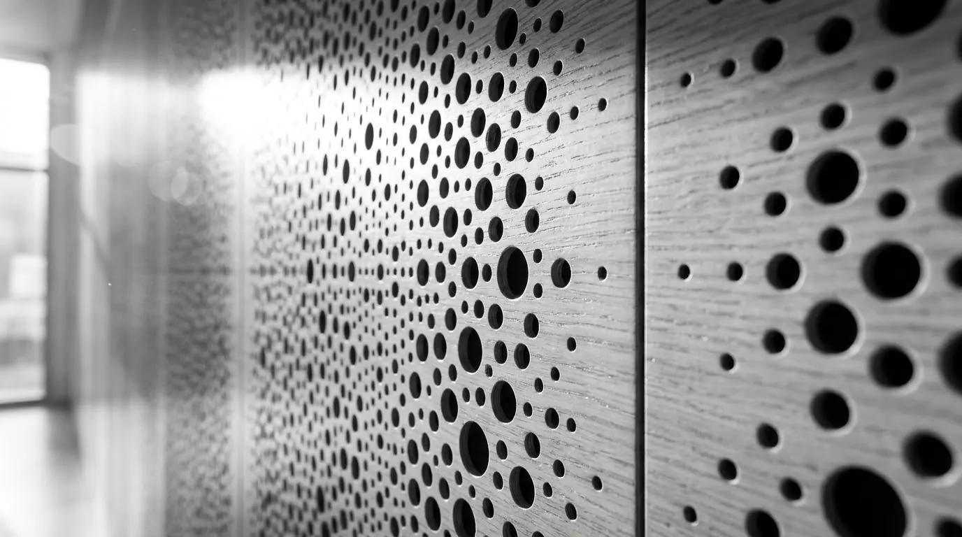 Holzpaneele mit Perforation in verschiedenen Lochgrößen, schwarz-weiß