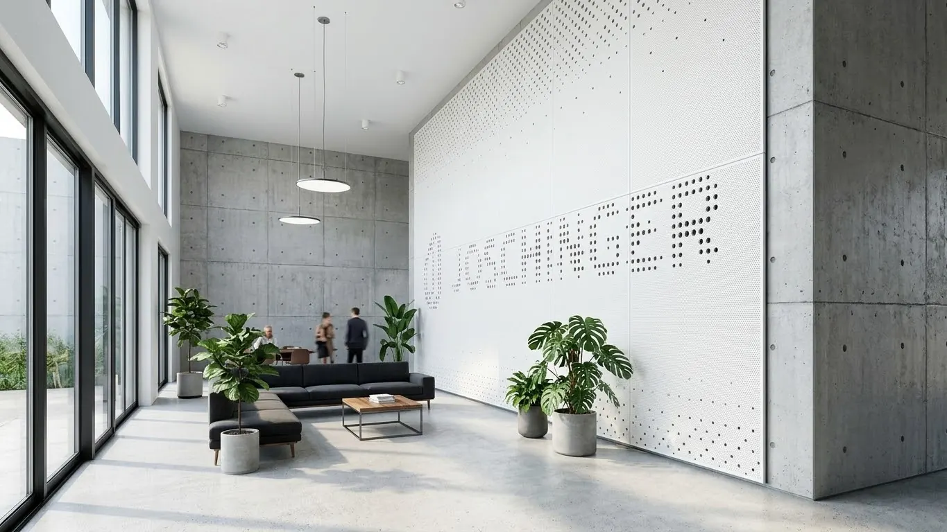 Lobby mit weißer Akustikwand, in die der Schriftzug JOSCHINGER als Lochbild gebohrt ist