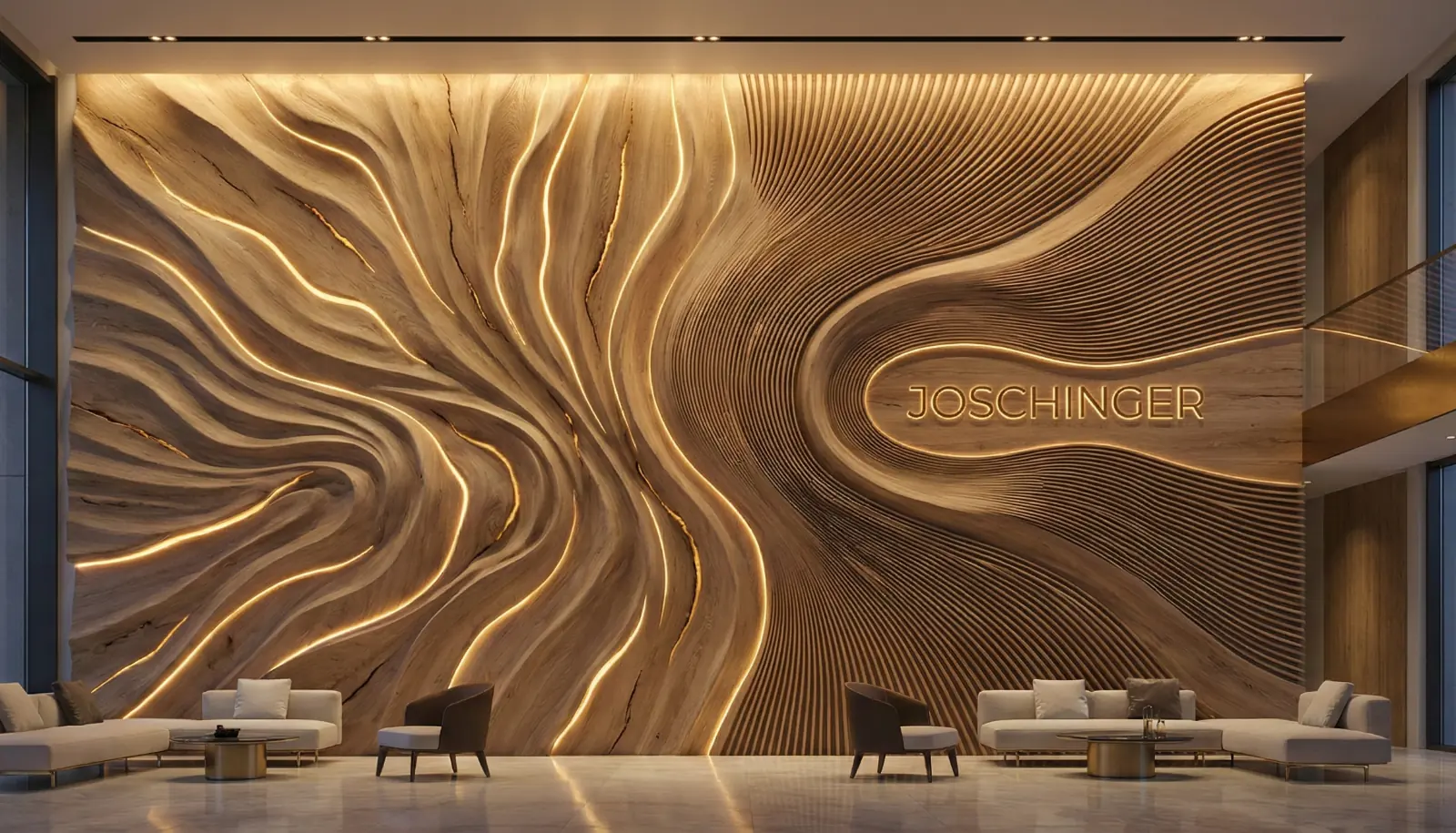 Parametrische Wandgestaltung aus Holz mit indirektem Licht